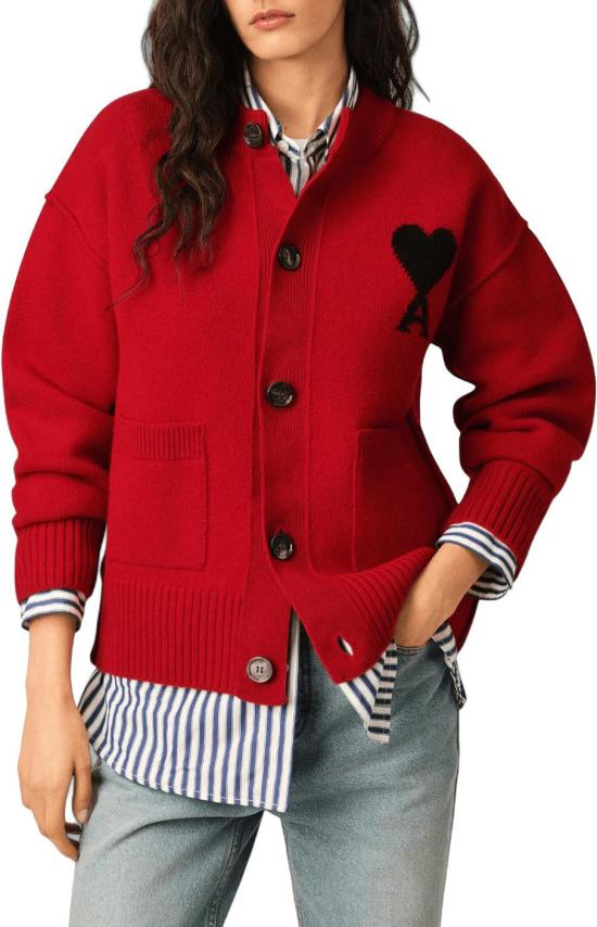 26FW 아미 스웨터 AMIUKC368018A252FELTEDMERINOWOOLAMIDECOEURCREWNECKCARDIGANCARDIGANSRED - AMI