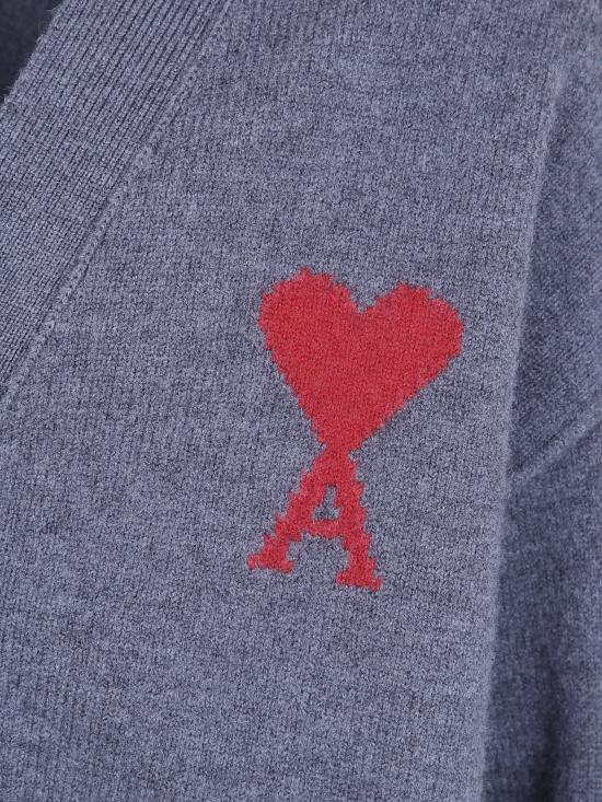 26FW 아미 하트 로고 인타르시아 V넥 가디건 UKC367 018 084 HEATHER GREY RED - AMI