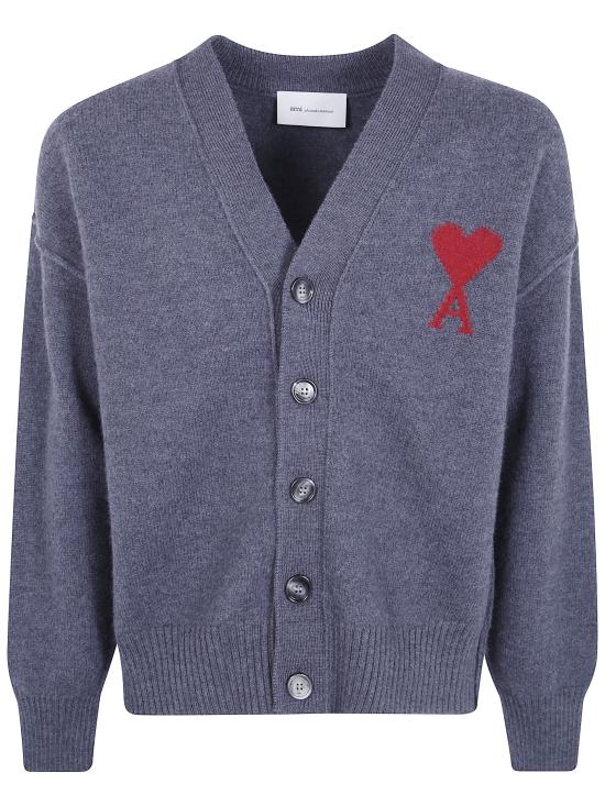 26FW 아미 하트 로고 인타르시아 V넥 가디건 UKC367 018 084 HEATHER GREY RED