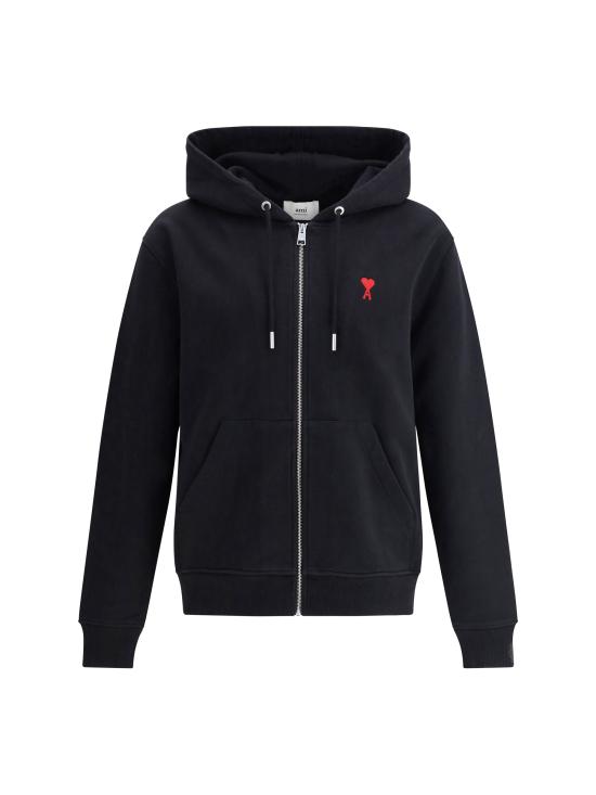 26FW 아미 스몰 하트 로고 루프백 오가닉 코튼 플리스 후드 BFUSW435730 001 BLACK
