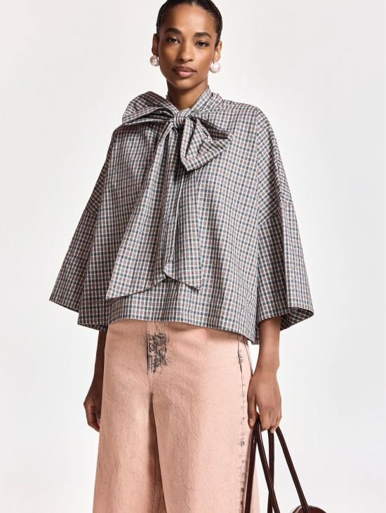 26FW 에센셜앤트워프 블라우스 Camicia a Quadretti con Strass 및 Fiocco Marrone