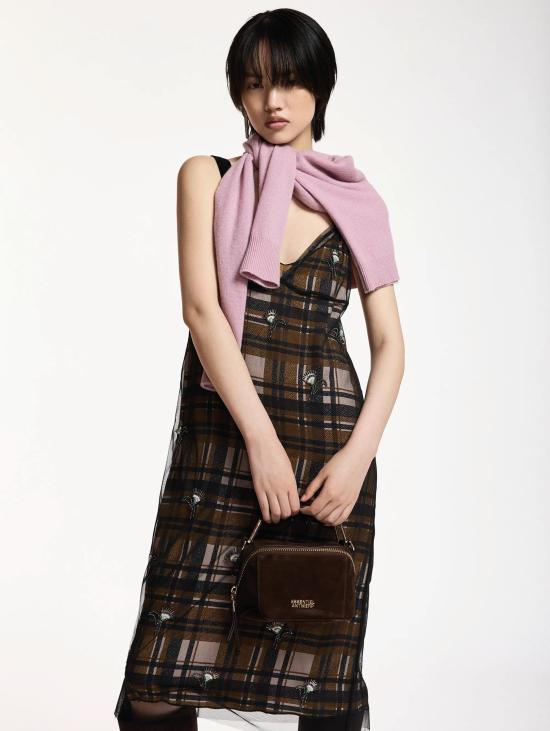 26FW 에센셜앤트워프 미디 원피스 Tulle con Applicazioni Marroni 소재의 Abito a Quadri