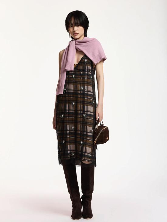 26FW 에센셜앤트워프 미디 원피스 Tulle con Applicazioni Marroni 소재의 Abito a Quadri - ESSENTIEL ANTWERP