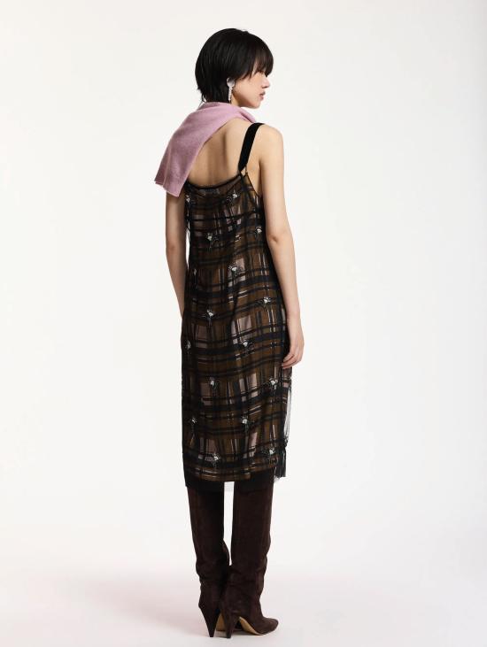 26FW 에센셜앤트워프 미디 원피스 Tulle con Applicazioni Marroni 소재의 Abito a Quadri - ESSENTIEL ANTWERP