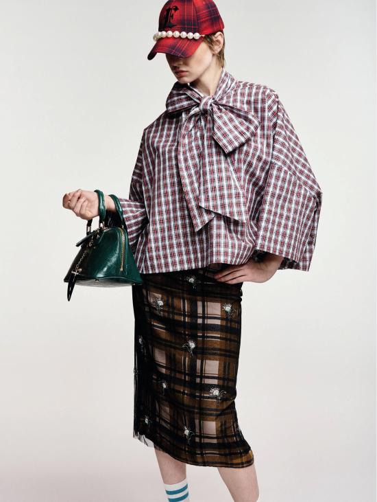 26FW 에센셜앤트워프 미디 스커트 Tulle a Quadri ed Applicazioni Marrone의 Gonna Dritta - ESSENTIEL ANTWERP