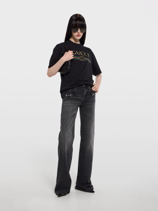 26FW 구찌 로고 프린트 코튼 저지 실크 티셔츠 865015XJHUF 1152 NERO - GUCCI