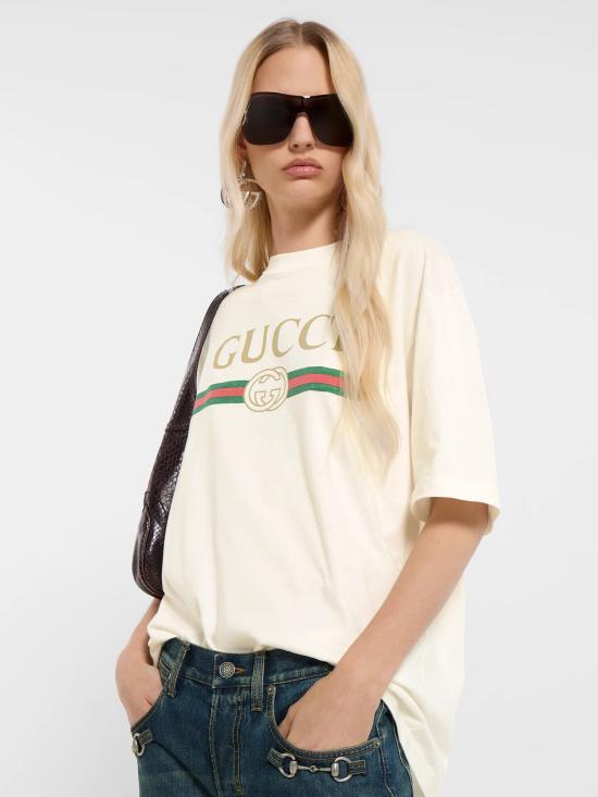 26FW 구찌 로고 프린트 코튼 저지 실크 티셔츠 865015XJHUF 9280 BIANCO - GUCCI