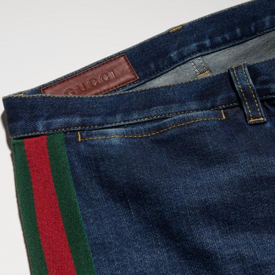 26FW 구찌 웹 디테일 코튼 데님 스트레이트 팬츠 875555XDDH0 4011 Blu - GUCCI