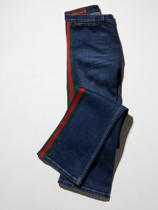 26FW 구찌 웹 디테일 코튼 데님 스트레이트 팬츠 875555XDDH0 4011 Blu - GUCCI