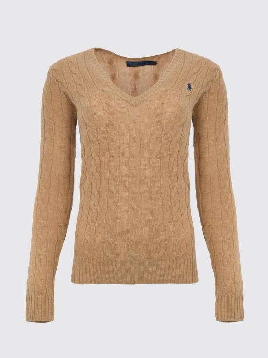 26FW 폴로 랄프로렌 포니 로고 자수 케이블 니트 v넥 스웨터 211971866 002 Camel - POLO RALPH LAUREN