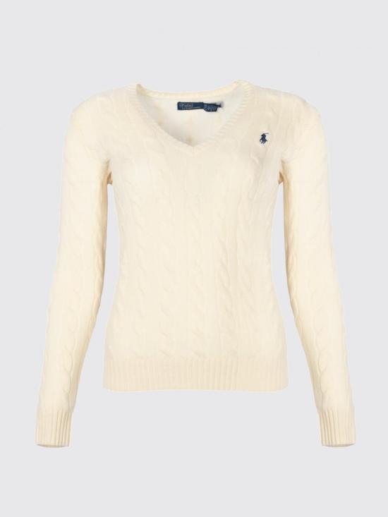 26FW 폴로 랄프로렌 포니 로고 자수 케이블 니트 v넥 스웨터 211971866 001 White - POLO RALPH LAUREN