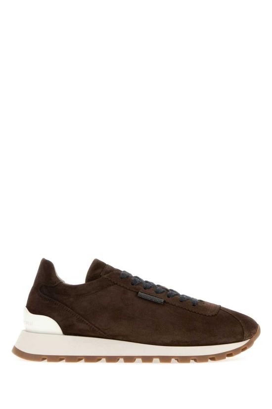 26FW 브루넬로 쿠치넬리 샤이니 탭 디테일 스웨이드 러닝 스니커즈 MZSFG2110 C9885 BROWN