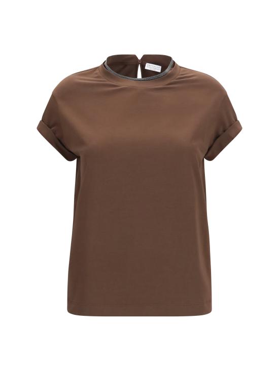 26FW 브루넬로 쿠치넬리 콘트라스트 트림 코튼 티셔츠 M0T18BD200 C4211 BROWN