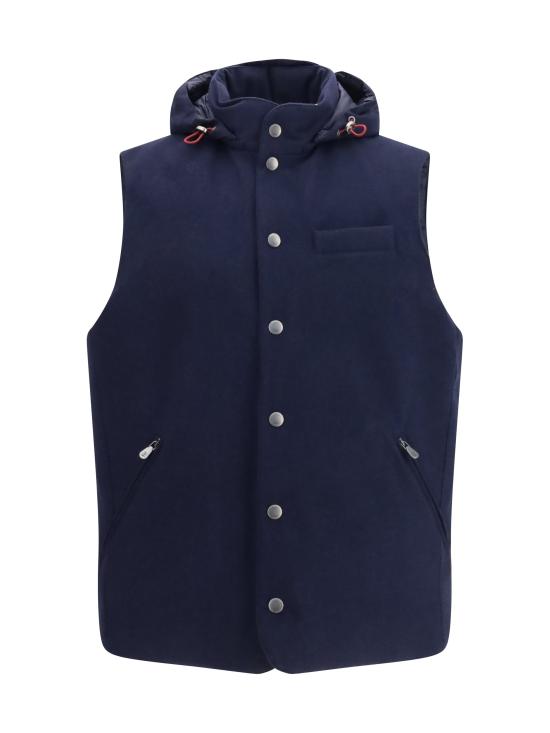 26FW 브루넬로 쿠치넬리 본디드 울 플란넬 디테처블 후드 다운 베스트 MM4701775 CQJ36 BLU COLORATO
