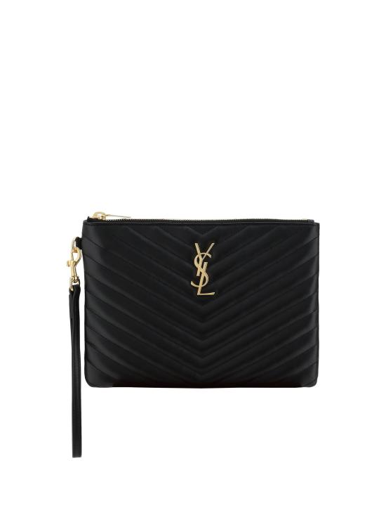 26FW 생로랑 마틀라세 레더 골드 모노그램 A5 파우치 379039CWU01 1000 BLACK