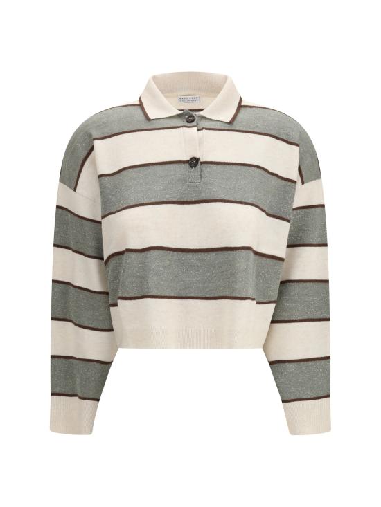 26SS 브루넬로 쿠치넬리 스파클링 스트라이프 크롭 니트 폴로 M16221605 CQU70 BEIGE