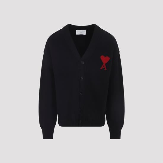 26FW 아미 하트 로고 인타르시아 V넥 가디건 UKC367018009 BLACK - AMI