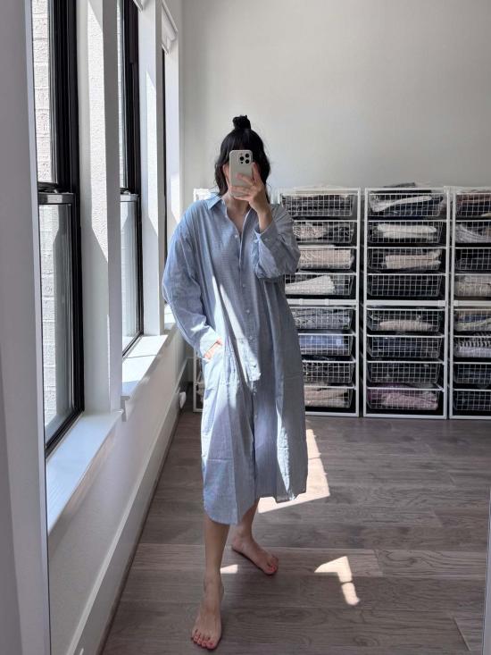  르 본 숍 롱 원피스 르봉숍 아티스트 롱셔츠 블루 핀스트라이프