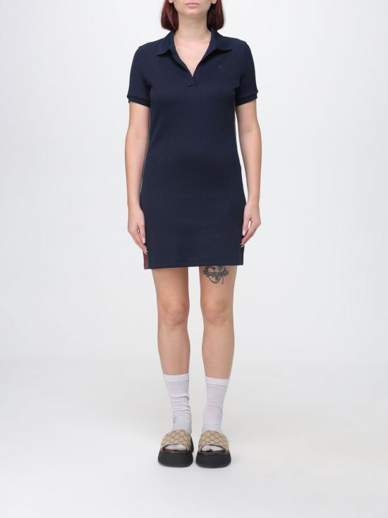 26FW 구찌 웹 디테일 립 코튼 저지 드레스 872682XJHYN 4294 Blue