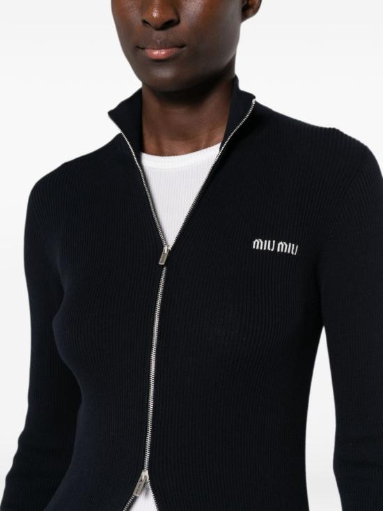 26FW 미우미우 로고 코튼 하이넥 지퍼 가디건 MMF04B 12ZLF0008 NAVY - MIU MIU