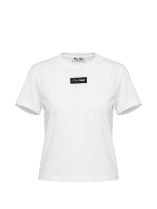 26FW 미우미우 로고 자수 코튼 티셔츠 MJNA45 6398F0009 WHITE