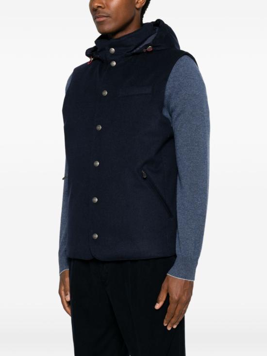 26FW 브루넬로 쿠치넬리 본디드 울 플란넬 디테처블 후드 다운 베스트 MM4701775 CQJ36 NAVY - BRUNELLO CUCINELLI