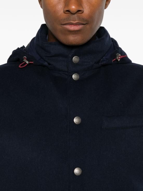 26FW 브루넬로 쿠치넬리 본디드 울 플란넬 디테처블 후드 다운 베스트 MM4701775 CQJ36 NAVY - BRUNELLO CUCINELLI