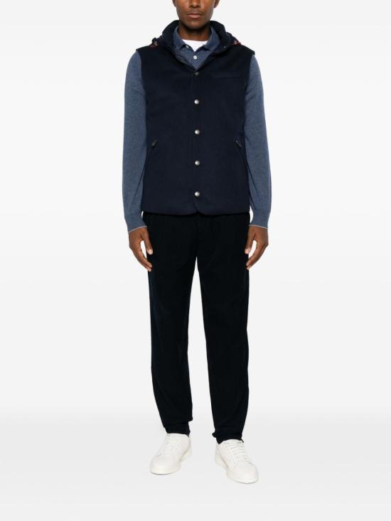 26FW 브루넬로 쿠치넬리 본디드 울 플란넬 디테처블 후드 다운 베스트 MM4701775 CQJ36 NAVY - BRUNELLO CUCINELLI