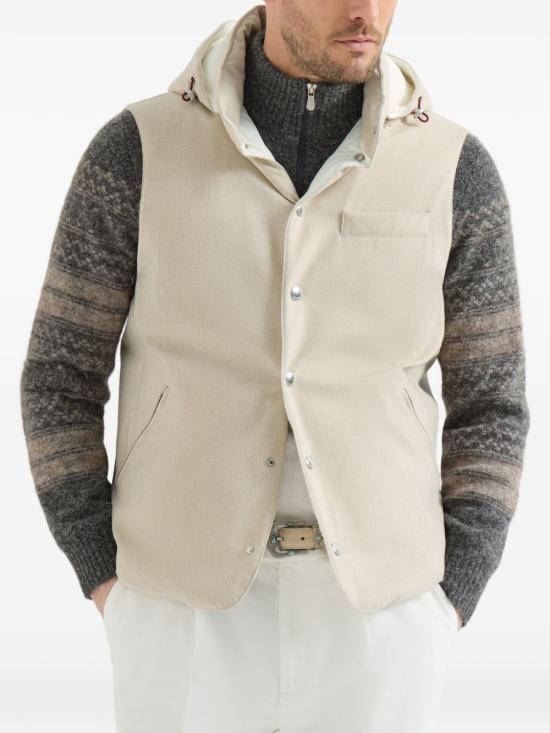 26FW 브루넬로 쿠치넬리 본디드 울 플란넬 디테처블 후드 다운 베스트 MM4701775 CID85 BEIGE - BRUNELLO CUCINELLI