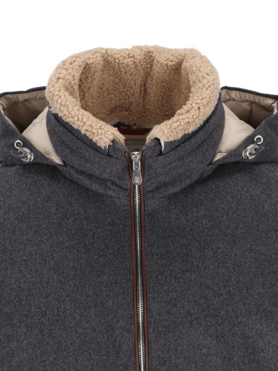 26FW 브루넬로 쿠치넬리 본디드 울 플란넬 탈부착 후드 다운 자켓 MM4701606 CNV62 DARK GREY - BRUNELLO CUCINELLI