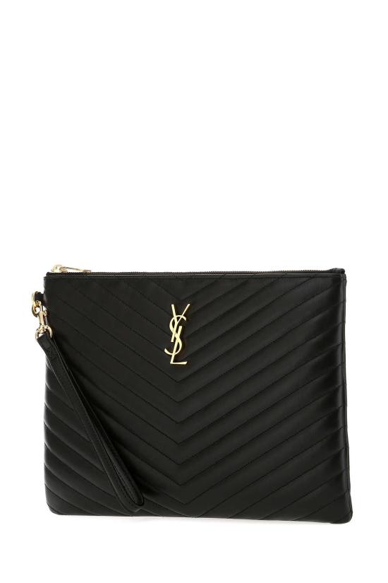  생로랑 퀼티드 레더 골드 모노그램 카산드라 마틀라세 태블릿 파우치 559193CWU01 1000 BLACK - SAINT LAURENT