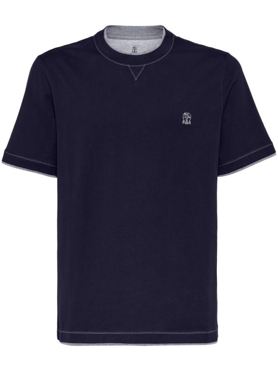 26FW 브루넬로 쿠치넬리 레이어링 코튼 저지 크루넥 티셔츠 M0B137451G CB422 NAVY