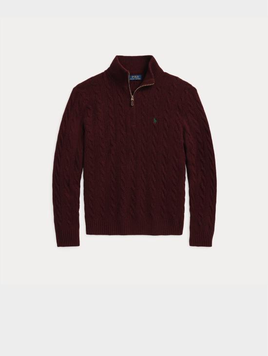 26FW 랄프 로렌 집업 니트 캐시미어 Lavorata a Trecce con Mezza Zip Vino 소재의 Maglia - RALPH LAUREN