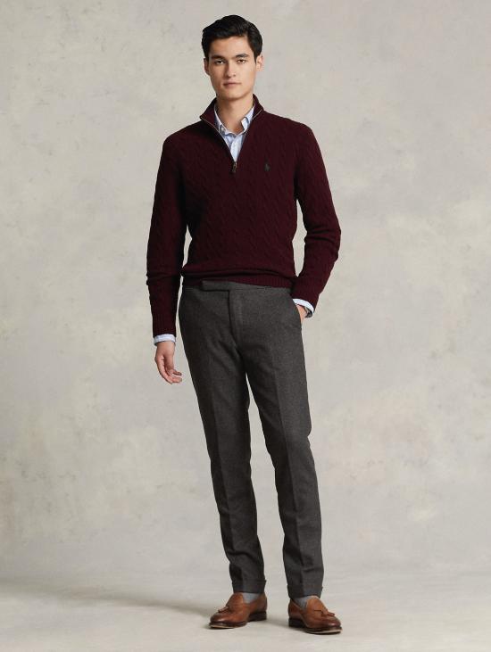 26FW 랄프 로렌 집업 니트 캐시미어 Lavorata a Trecce con Mezza Zip Vino 소재의 Maglia - RALPH LAUREN