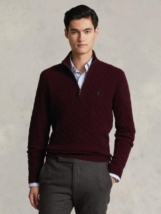 26FW 랄프 로렌 집업 니트 캐시미어 Lavorata a Trecce con Mezza Zip Vino 소재의 Maglia