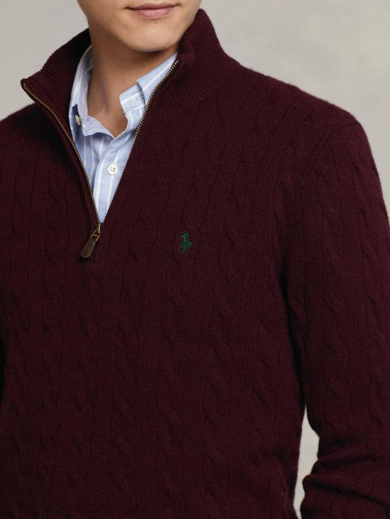 26FW 랄프 로렌 집업 니트 캐시미어 Lavorata a Trecce con Mezza Zip Vino 소재의 Maglia - RALPH LAUREN