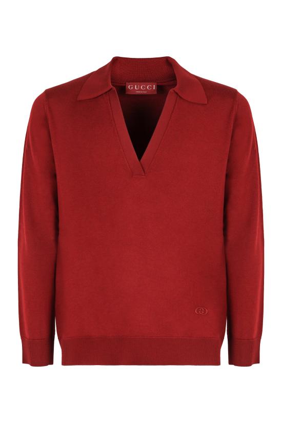 25FW 구찌 딥 브이넥 리브드 커프 울 폴로 스웨터 793883 RED