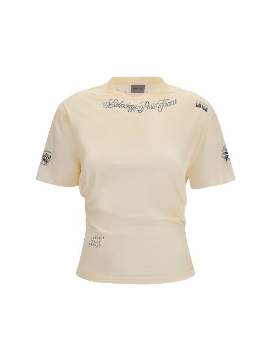 26FW 발렌시아가 잉크 아트워크 프린팅 쇼트 슬리브 티셔츠 A0016UTUVQ3 BEIGE