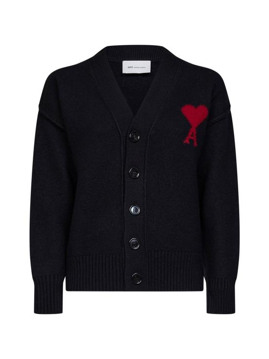 26FW 아미 하트 로고 인타르시아 V넥 가디건 UKC367018009 BLACK