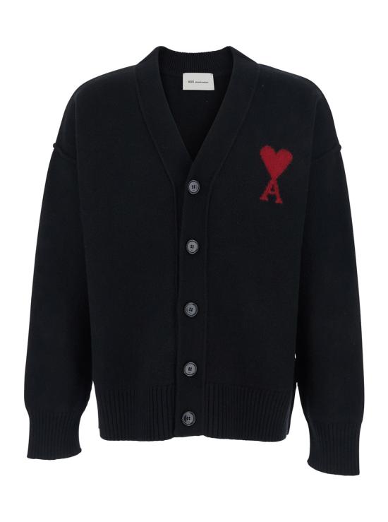 26SS 아미 하트 로고 인타르시아 V넥 가디건 UKC367 BLACK