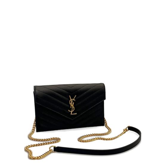 26FW 생로랑 그랑 드 뿌드르 레더 카산드라 엔벨로프 체인 지갑 857605 BOW01 1000 BLACK