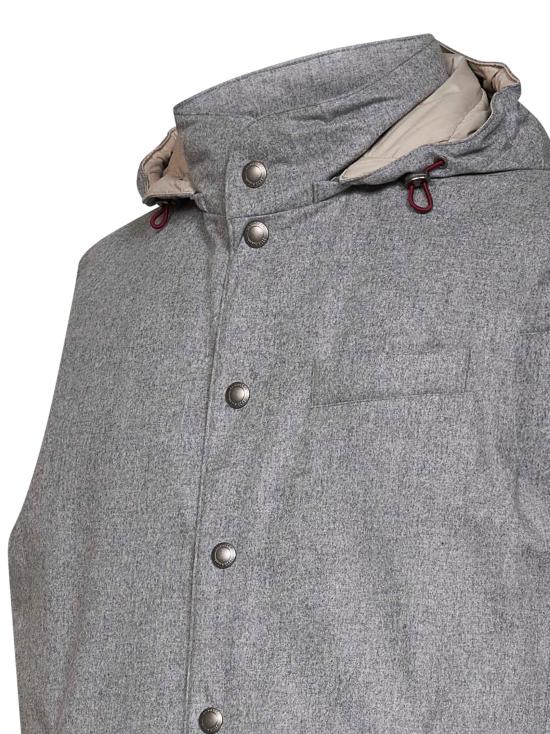 26FW 브루넬로 쿠치넬리 본디드 울 플란넬 디테처블 후드 다운 베스트 MM4701775 CDF30 GRAY - BRUNELLO CUCINELLI