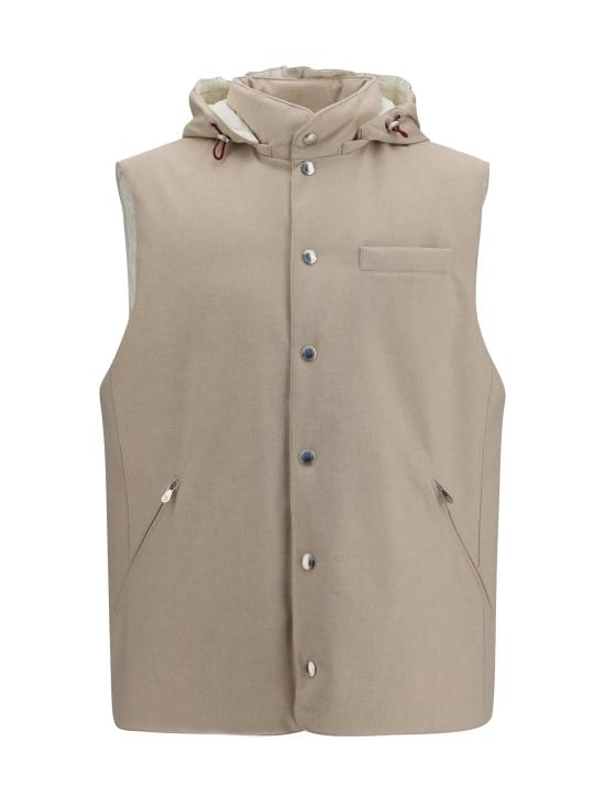 26FW 브루넬로 쿠치넬리 본디드 울 플란넬 디테처블 후드 다운 베스트 MM4701775 BEIGE