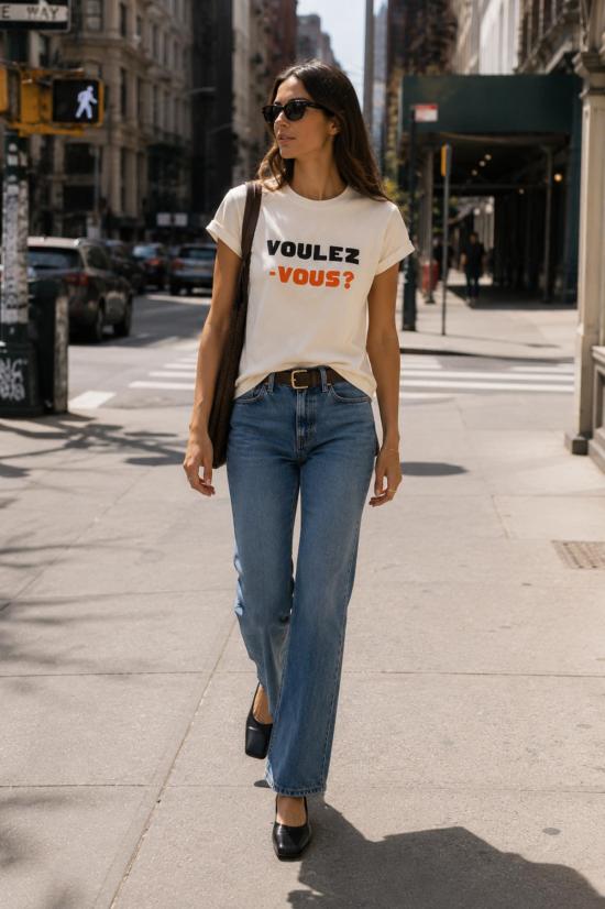  클레어 브이 반팔 티셔츠 Clare V. Classic Tee Voulez Vous 티셔츠 크림 - CLEARE V.