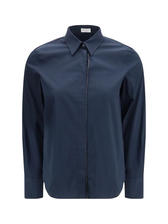 26SS 브루넬로 쿠치넬리 스트레치 코튼 포플린 샤이니 트림 셔츠 M0091MA626 NAVY - BRUNELLO CUCINELLI