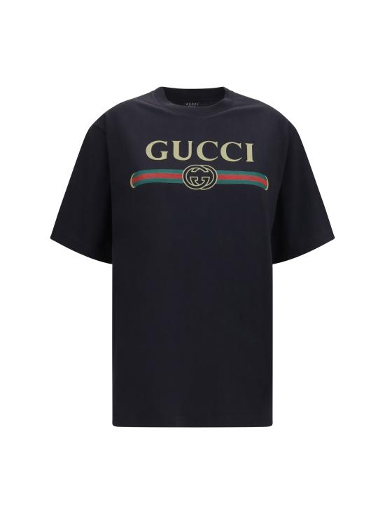26FW 구찌 로고 프린트 코튼 저지 실크 티셔츠 865015XJHUF BLACK - GUCCI
