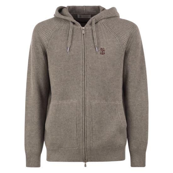 26FW 브루넬로 쿠치넬리 립드 니트 집 후드 스웨터 M22704806G GREY