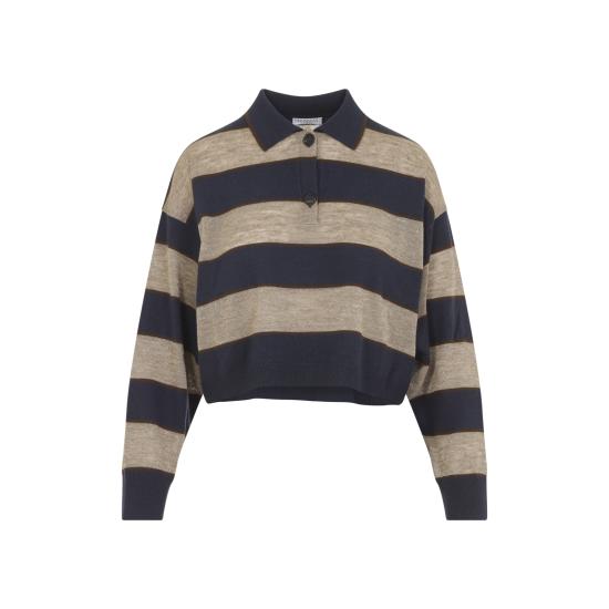 26FW 브루넬로 쿠치넬리 스파클링 스트라이프 크롭 니트 폴로 M16221605 CNQ41 BLUE BROWN - BRUNELLO CUCINELLI