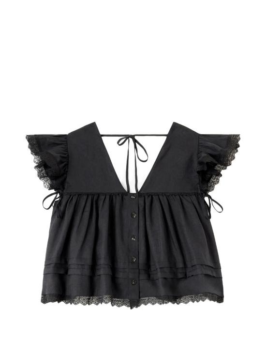 26FW 가니 레이스 트리밍 러플 블라우스 A1040370 099 Black