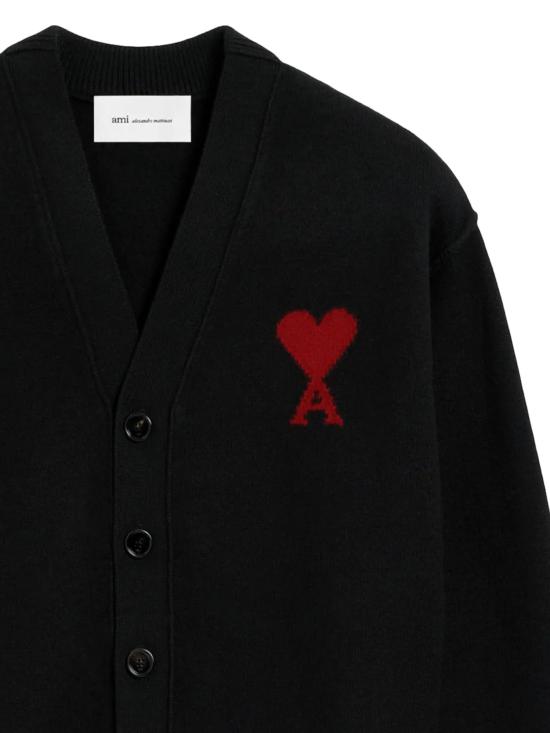 26FW 아미 하트 로고 인타르시아 V넥 가디건 UKC367 018009 BLACK RED - AMI